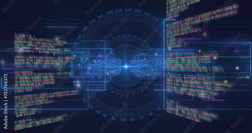 Wall mural animation of text data processing over blue circular scanner, interface outlines and light spots