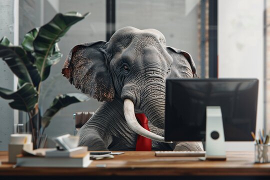 Elephant in Suit and Tie, Working on Laptop Generative AI