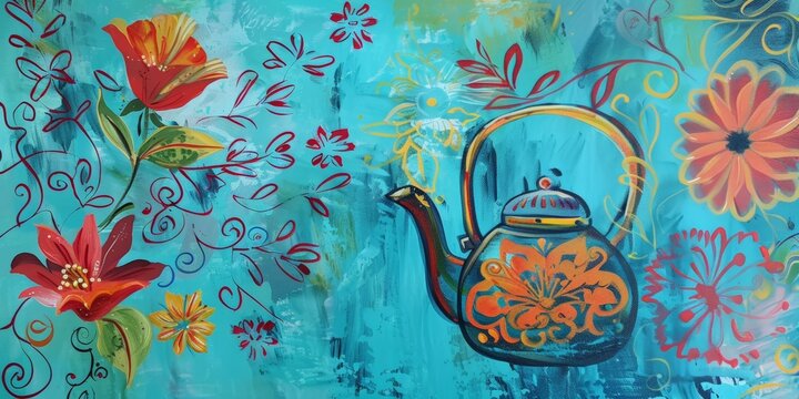 Teapot and Flowers Painting on Blue Background. Generative AI