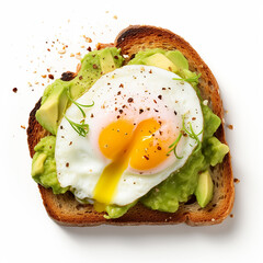 Avocado Toast with Poached Egg isolated on a white background, In the top view