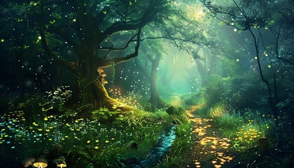 Enchanted Forest at Night A Magical Glowing Pathway Generative AI