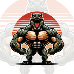 Vector Big Bodybuilder cartoon dinosaur Gym Body Mascot of Muscle, Generative Ai