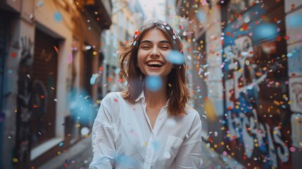 Celebrate Diversity Woman Smiling in Colorful Confetti Generative AI