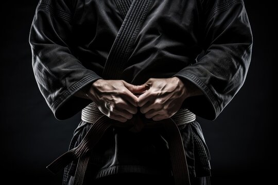 Martial arts fighter with the belt on black background, portrait of a Martial man ready to fight, Ai generated