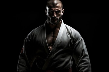 Obraz premium Martial arts fighter with belt on black background, an aggressive handsome man in the black shirt is demonstrating his punch at a dark photo studio concept , Ai generated