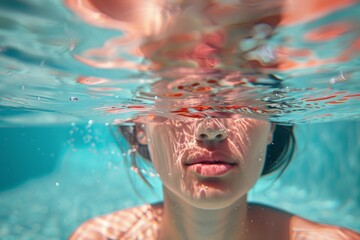 Retrato underwater mujer nadando, cara de chica joven bajo el agua azul, verano nadando en la piscina  - obrazy, fototapety, plakaty