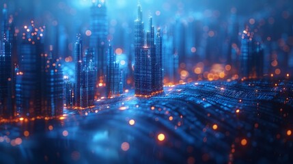 Fototapeta premium A futuristic city in neon and gold-yellow or orange light. Abstract background. The concept of modern technologies