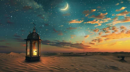 Fotobehang Ramadan Kareem wallpaper, Golden Lanterns and Moonlight in the Desert © artestdrawing