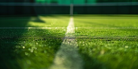 Close-up pista de tenis de hierba, césped recién cortado en una cancha de tenis antes de un torneo  - obrazy, fototapety, plakaty