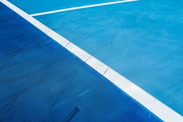 Fondo minimalista de pista de tenis, close-up cancha de deporte azul con líneas blancas - obrazy, fototapety, plakaty