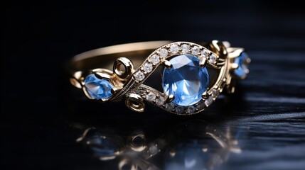 Elegance in Gold: Ring with Blue and White Gemstones in 8K Ultra