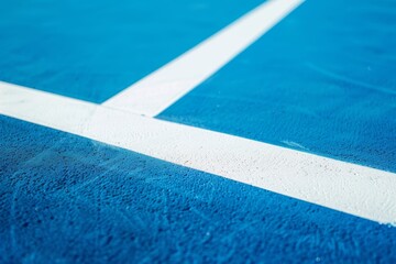 Fototapeta na wymiar Fondo minimalista de pista de tenis, close-up cancha de deporte azul con líneas blancas