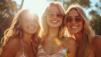 three women in bikinis and sunglasses are posing for a picture together - obrazy, fototapety, plakaty