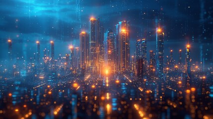 A futuristic city in neon and gold-yellow or orange light. Abstract background. The concept of modern technologies