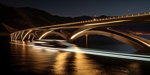 In the tranquil darkness of night, a river bridge casts its illuminated reflection upon the calm waters below