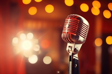 Microphone on stage, selective focus shot of a microphone on the stage outdoors concept,Ai generated