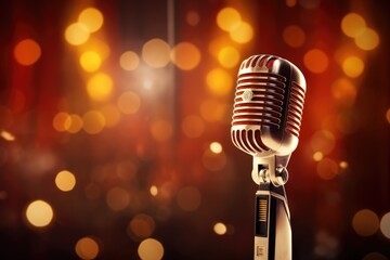 Microphone on stage, selective focus shot of a microphone on the stage outdoors concept,Ai generated