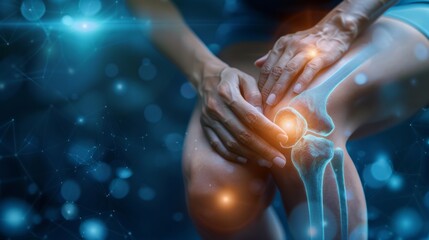Close-up of a woman holding their knee with a visible graphic of joint pain, indicating discomfort or arthritis symptoms. joint inflammation, bone fracture, osteoarthritis, leg injury