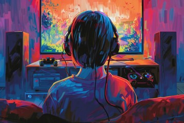 illustration of a person playing video games wearing headphones in front of the screen - obrazy, fototapety, plakaty