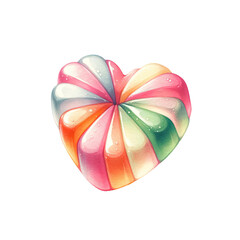 A colorful candy heart with rainbow stripes. The candy is made of sugar and is shaped like a heart