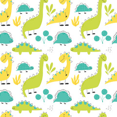 Seamless pattern with cute dinosaurs. Kids pattern with dino. Vector illustration.