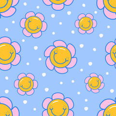 Groovy hippie 70's flower seamless pattern. Psychedelic floral background with smiling face for surface design. Blue and pink color