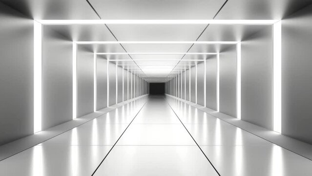 Abstract tunnel with white neon, 3d rendering illustration of shiny space