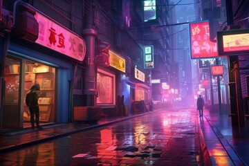 A neon Light, rain slicked alleyway in a futuristic city, with holographic advertisements swirling overhead and augmented reality displays flickering on passersby's glasses, Ai generated