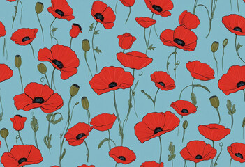 Fototapeta na wymiar Banner with red poppy flowers on blue background, symbol for remembrance, memorial, anzac day