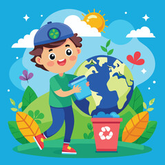 Fototapeta na wymiar Boy with bin and earth. Recycling concept. Vector illustration