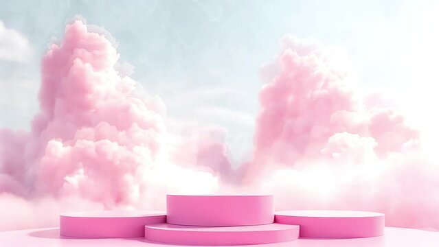 Pink round podium with pink clouds background.