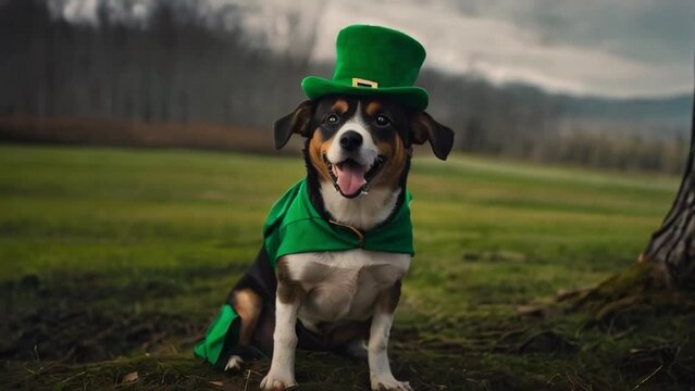 Dog with green costume, celebrates St. Patrick's Day	
