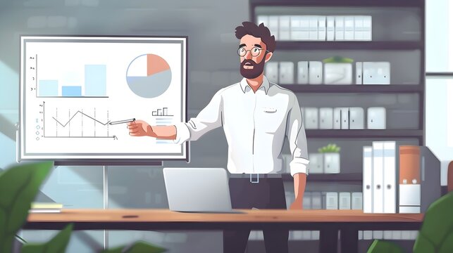 Businessman Presenting Chart on Whiteboard in Animated Illustration Style, To provide a visually engaging and informative image for corporate and
