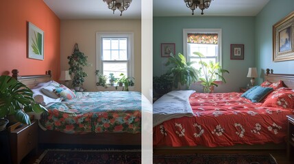 Colorful Bedrooms with Vibrant Plants and Cozy Bed Covers, To provide high-quality and visually appealing bedroom photos with a focus on vibrant