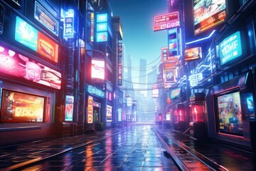 A neon Light, rain slicked alleyway in a futuristic city, with holographic advertisements swirling overhead and augmented reality displays flickering on passersby's glasses, Ai generated - obrazy, fototapety, plakaty