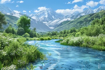April Showers Bring May Flowers A Serene Mountain River Scenery Generative AI