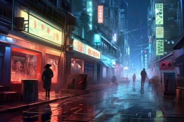 A neon Light, rain slicked alleyway in a futuristic city, with holographic advertisements swirling overhead and augmented reality displays flickering on passersby's glasses, Ai generated - obrazy, fototapety, plakaty