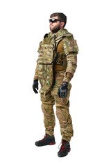 Fototapeta premium Male soldier in military ammunition isolated on white background