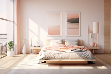 Obraz premium abstract minimalist bedroom interior in pastel peach and pink colors. High quality illustration created with generative ai technology