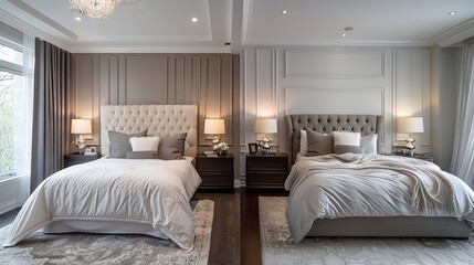 Modern Neotraditional Bedroom with Gray and White Bedding, To provide a high-quality, visually appealing image of a modern bedroom design idea in the