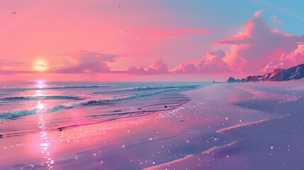 Pink and Blue Anime-Style Beach Sunset, To provide a visually appealing and unique beach and sunset image for use in a variety of projects, including