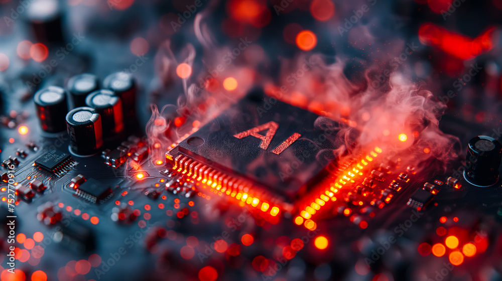 Poster advanced computer processor chip with ai acceleration is burning in dark digital environment.