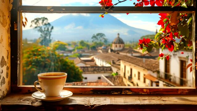 cup of coffee at the window with a city view of Kigali, Rwanda. Seamless looping 4k time-lapse video animation background