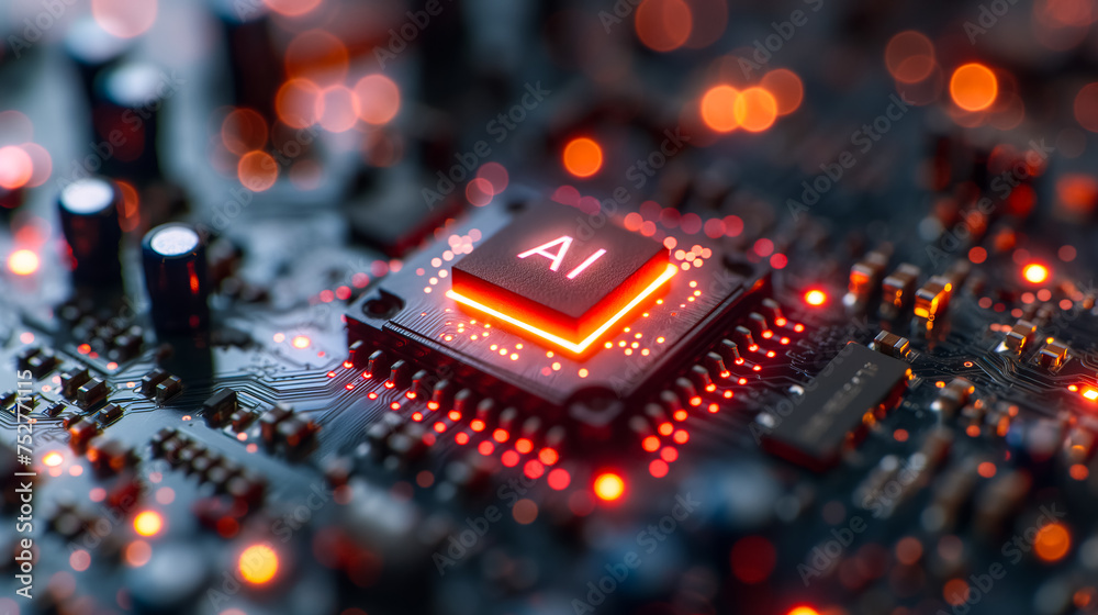 Poster advanced computer processor chip with ai acceleration in dark digital environment.