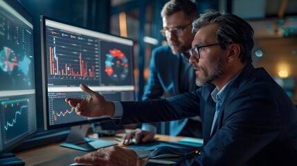 Two Businessmen Analyzing Stock Market Data on Dual Monitors, To convey a sense of collaboration, focus, and expertise in analyzing stock market data - obrazy, fototapety, plakaty