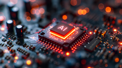 Fototapeta na wymiar Advanced computer processor chip with AI acceleration in dark digital environment.