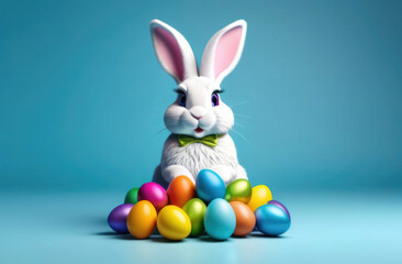 Fototapeta na wymiar Easter bunny with colorful eggs on blue background. Happy Easter concept