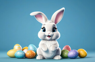 Fototapeta na wymiar Cute Easter bunny with colorful easter eggs on blue background. Happy Easter concept