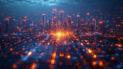 Fototapeta premium A futuristic city in neon and gold-yellow or orange light. Abstract background. The concept of modern technologies