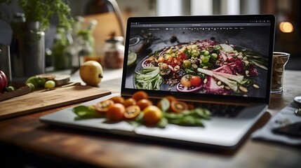 Digital composite of Laptop with healthy food on the screen in kitchen